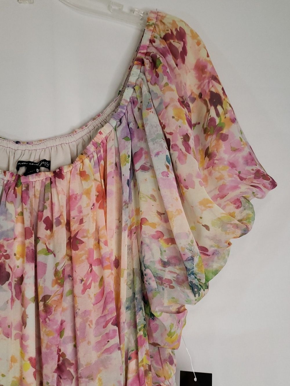 Sam and Jess Off-Shoulder Puff Sleeve Pastel Watercolor Floral Maxi Dress, 2X - Picture 4 of 11